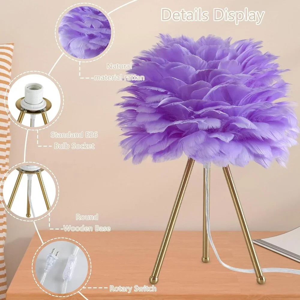 Purple Faux Feather Plumes Leaf Tripod Gold Modern Table Desk Lamp Home Decor